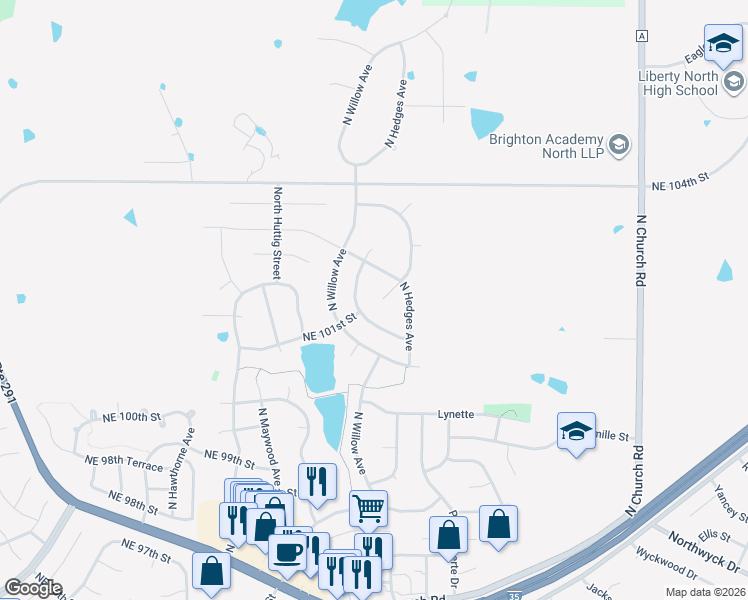 map of restaurants, bars, coffee shops, grocery stores, and more near 10124 North Hedges Court in Kansas City