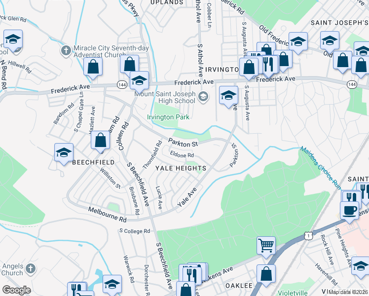 map of restaurants, bars, coffee shops, grocery stores, and more near 4385 Parkton Street in Baltimore