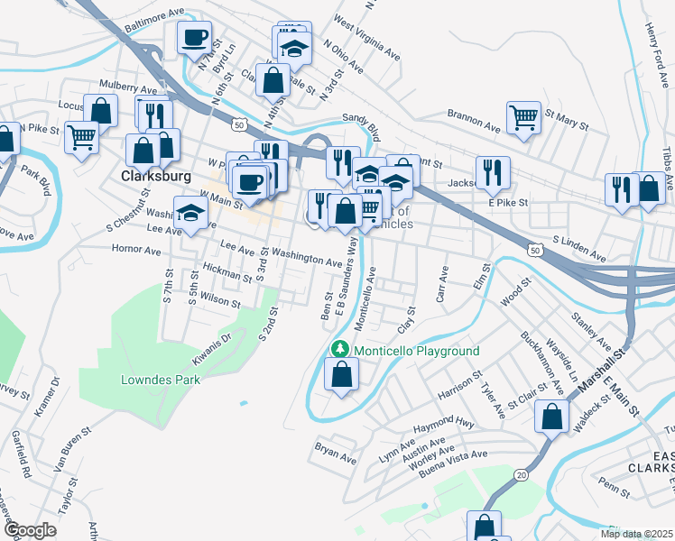 map of restaurants, bars, coffee shops, grocery stores, and more near 115 Washington Avenue in Clarksburg