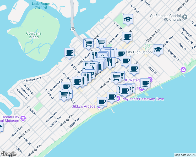 map of restaurants, bars, coffee shops, grocery stores, and more near 944 Central Avenue in Ocean City