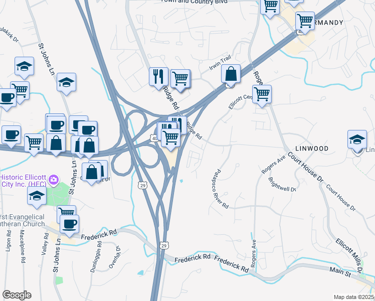 map of restaurants, bars, coffee shops, grocery stores, and more near 3454 Ellicott Center Drive in Ellicott City