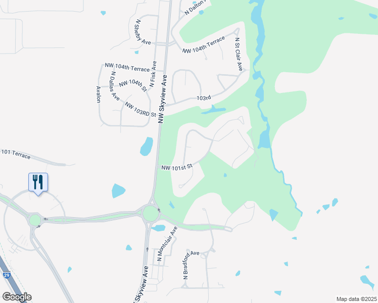 map of restaurants, bars, coffee shops, grocery stores, and more near 10116 North Bradford Avenue in Kansas City