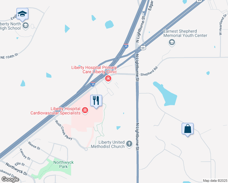 map of restaurants, bars, coffee shops, grocery stores, and more near 2555 Norterre Circle in Liberty