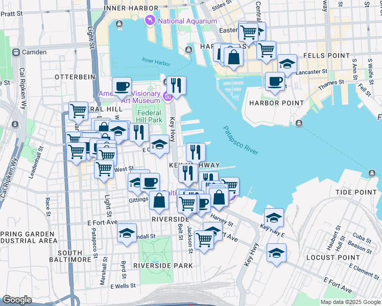 map of restaurants, bars, coffee shops, grocery stores, and more near 201 Harborview Drive in Baltimore
