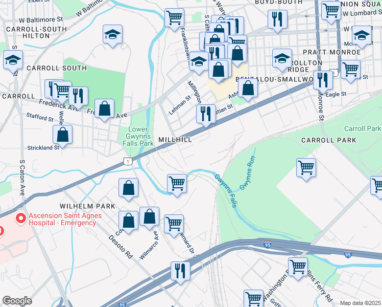 map of restaurants, bars, coffee shops, grocery stores, and more near 2678 Eagle Street in Baltimore