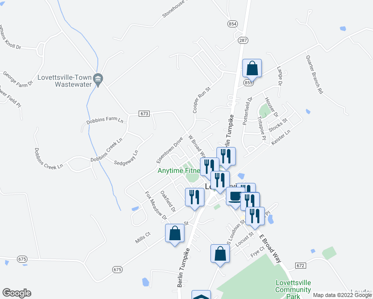 map of restaurants, bars, coffee shops, grocery stores, and more near 36 Town Center Drive in Lovettsville