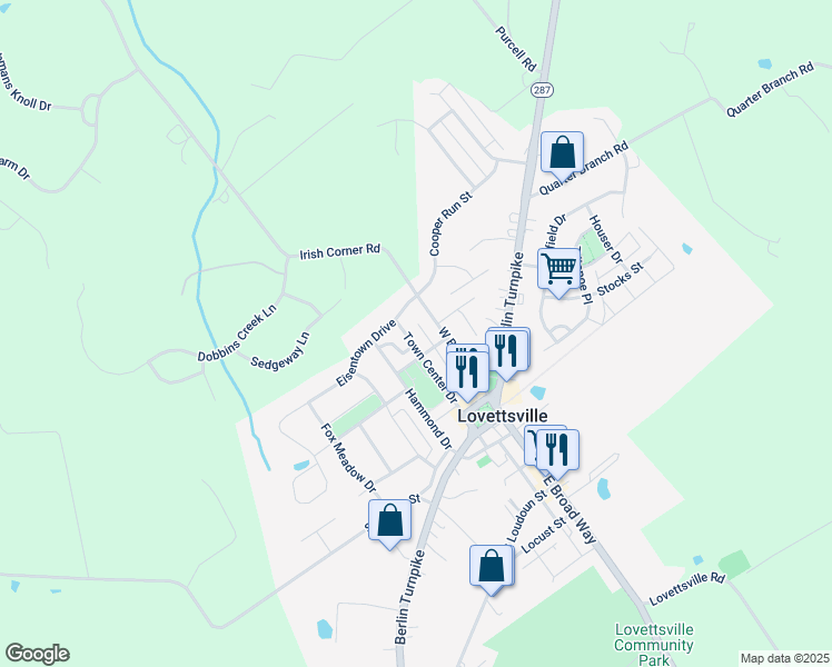 map of restaurants, bars, coffee shops, grocery stores, and more near 36 Town Center Drive in Lovettsville