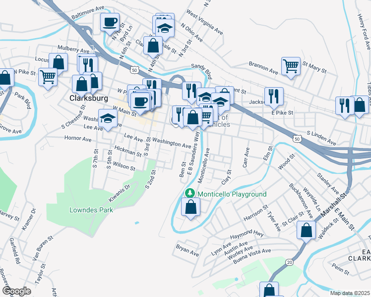 map of restaurants, bars, coffee shops, grocery stores, and more near 115 Washington Avenue in Clarksburg