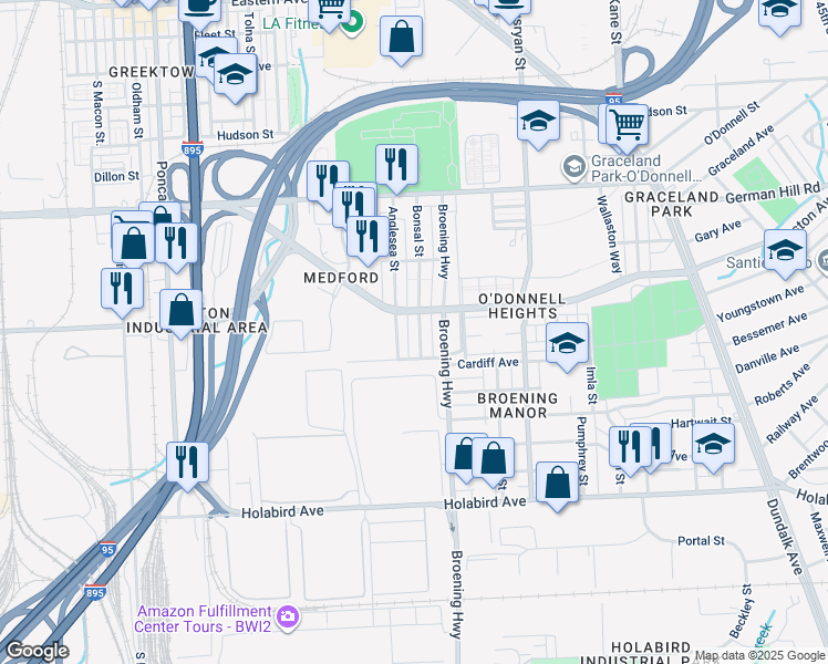 map of restaurants, bars, coffee shops, grocery stores, and more near 1416 Bonsal Street in Baltimore