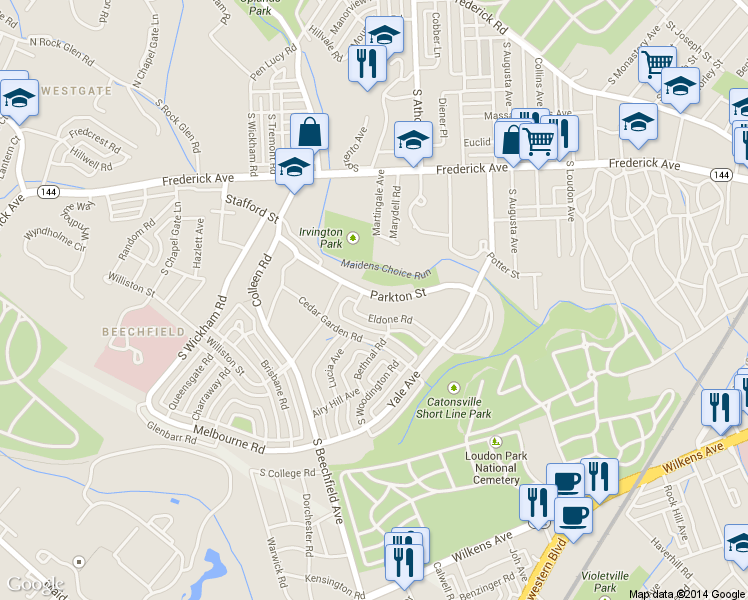 map of restaurants, bars, coffee shops, grocery stores, and more near 4401 Parkton Street in Baltimore