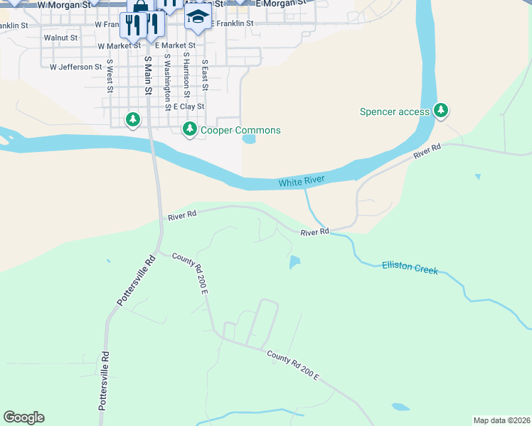 map of restaurants, bars, coffee shops, grocery stores, and more near River Road in Spencer