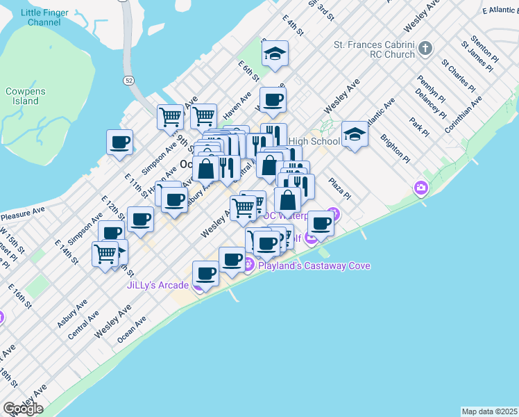 map of restaurants, bars, coffee shops, grocery stores, and more near 821 Park Place in Ocean City