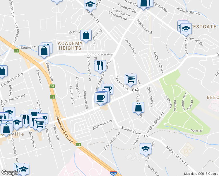 map of restaurants, bars, coffee shops, grocery stores, and more near 37 Briarwood Road in Catonsville