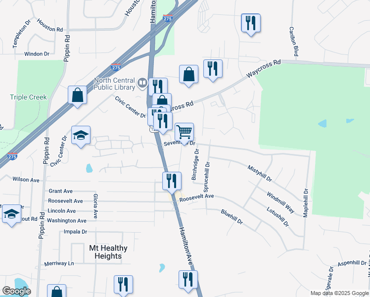 map of restaurants, bars, coffee shops, grocery stores, and more near 2161 Sevenhills Drive in Cincinnati