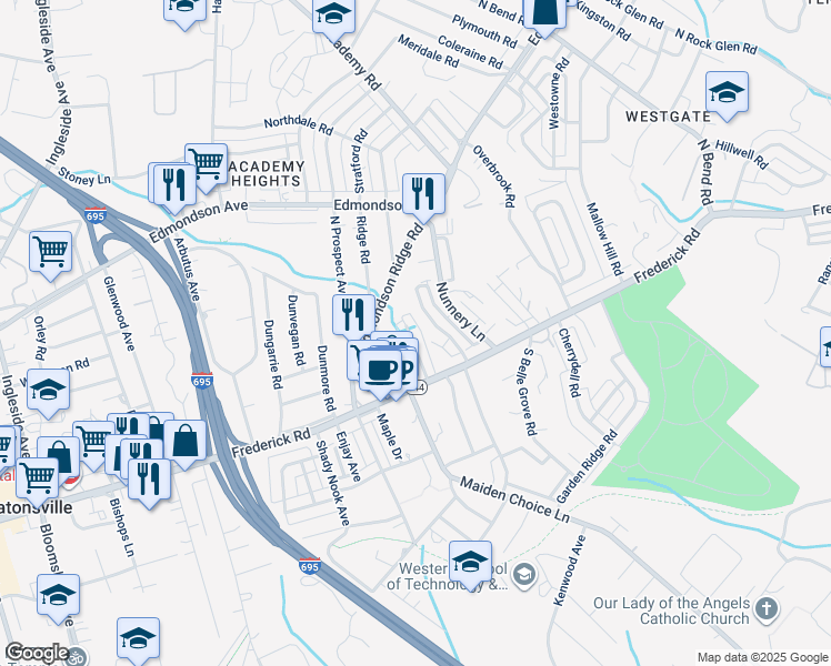 map of restaurants, bars, coffee shops, grocery stores, and more near 37 Briarwood Road in Catonsville