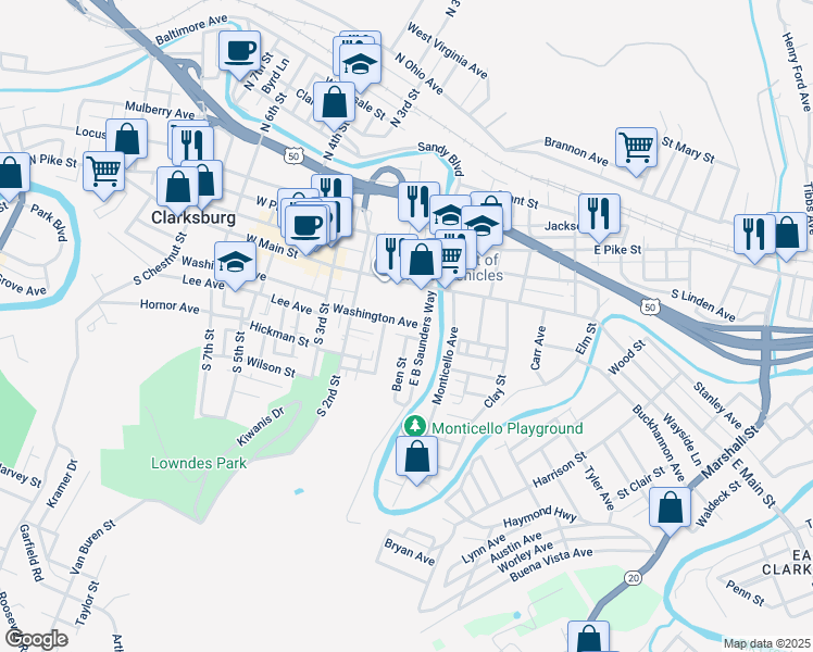 map of restaurants, bars, coffee shops, grocery stores, and more near 115 Washington Avenue in Clarksburg