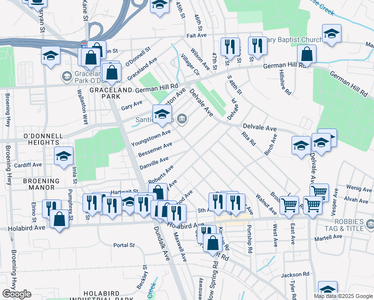 map of restaurants, bars, coffee shops, grocery stores, and more near 6748 Roberts Avenue in Dundalk