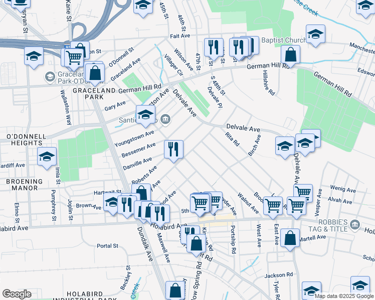 map of restaurants, bars, coffee shops, grocery stores, and more near 7106 Railway Avenue in Dundalk