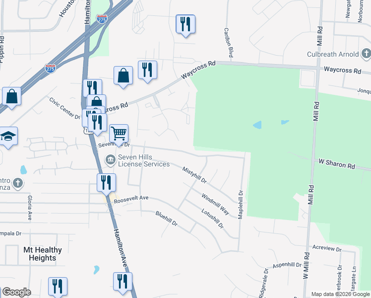 map of restaurants, bars, coffee shops, grocery stores, and more near 2046 Sevenhills Drive in Cincinnati