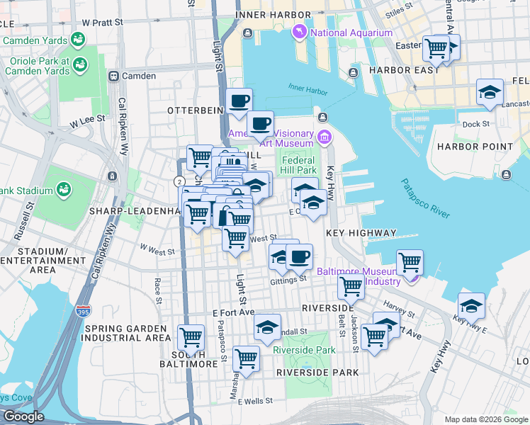 map of restaurants, bars, coffee shops, grocery stores, and more near 1041 William Street in Baltimore