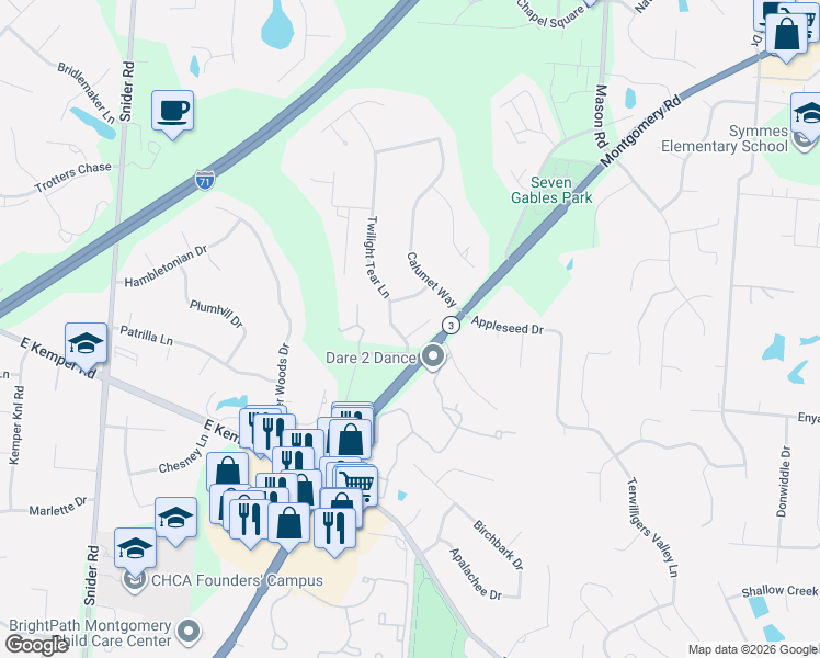 map of restaurants, bars, coffee shops, grocery stores, and more near 8686 Twilight Tear Lane in Cincinnati