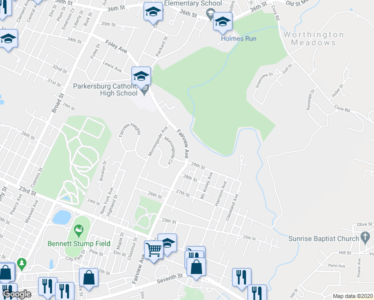 map of restaurants, bars, coffee shops, grocery stores, and more near 2900 Fairview Avenue in Parkersburg