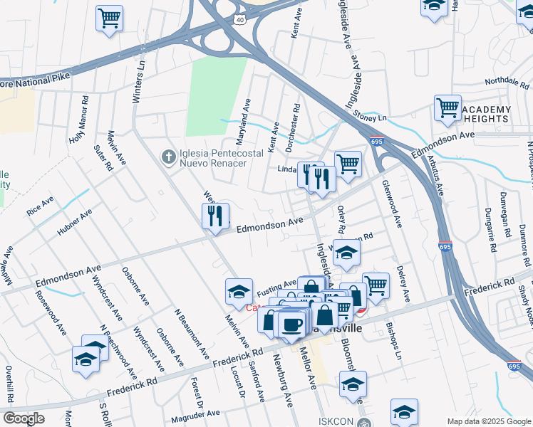map of restaurants, bars, coffee shops, grocery stores, and more near 736 Edmondson Avenue in Catonsville