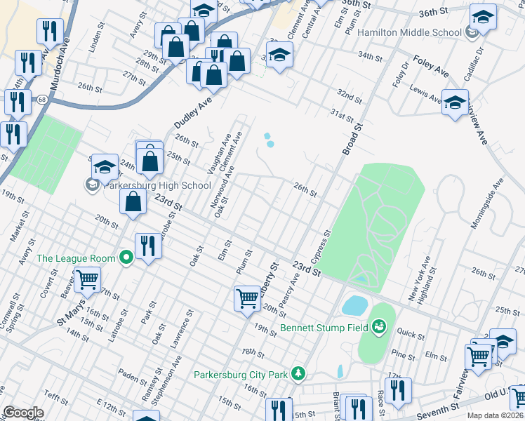 map of restaurants, bars, coffee shops, grocery stores, and more near 2402 Elm Street in Parkersburg