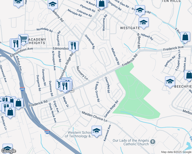 map of restaurants, bars, coffee shops, grocery stores, and more near 6216 Frederick Road in Catonsville