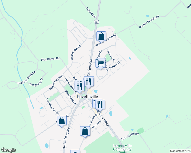 map of restaurants, bars, coffee shops, grocery stores, and more near 19 Potterfield Drive in Lovettsville