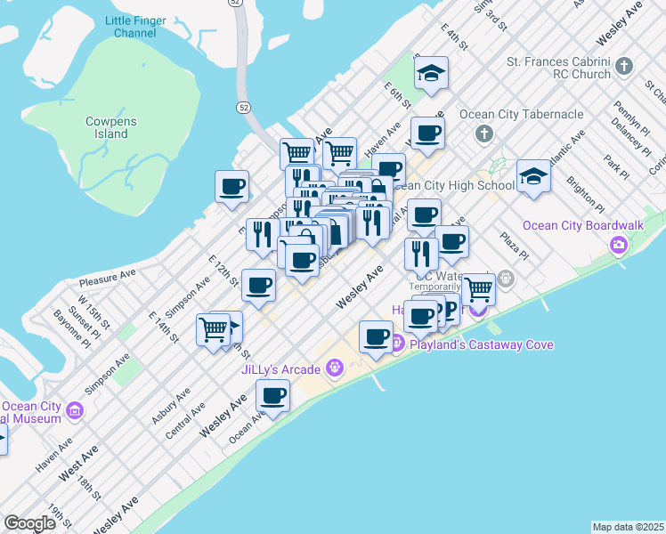 map of restaurants, bars, coffee shops, grocery stores, and more near East 10th Street in Ocean City