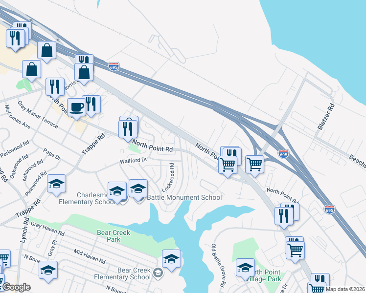 map of restaurants, bars, coffee shops, grocery stores, and more near 8003 Charlesmont Road in Dundalk