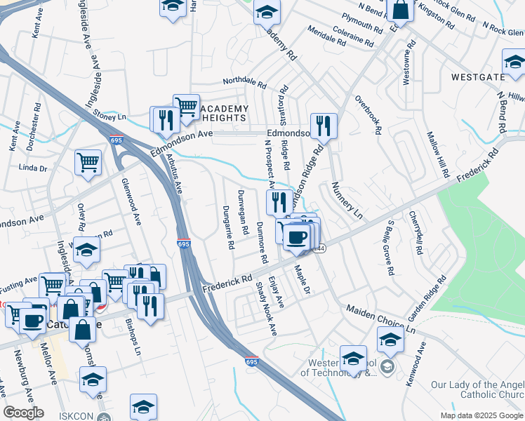 map of restaurants, bars, coffee shops, grocery stores, and more near 33 Dunmore Road in Catonsville