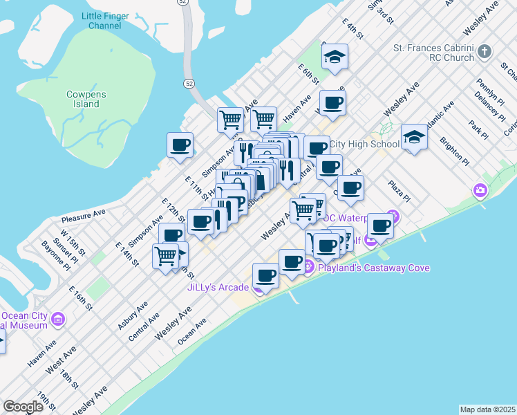 map of restaurants, bars, coffee shops, grocery stores, and more near East 10th Street in Ocean City