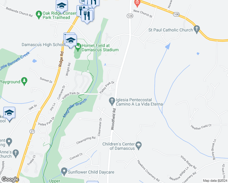 map of restaurants, bars, coffee shops, grocery stores, and more near 41 Valley Park Court in Damascus