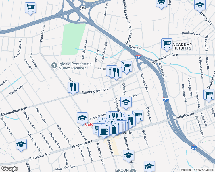 map of restaurants, bars, coffee shops, grocery stores, and more near 710 Edmondson Avenue in Catonsville