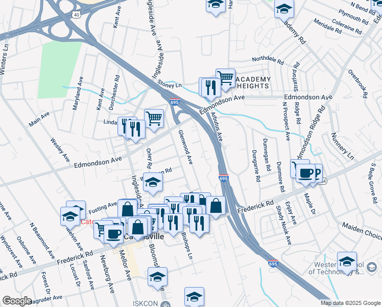 map of restaurants, bars, coffee shops, grocery stores, and more near 63 Glenwood Avenue in Catonsville
