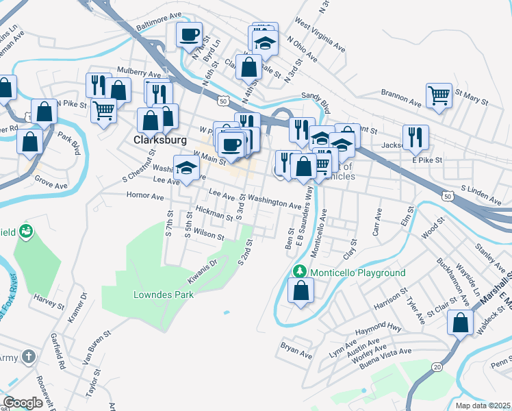 map of restaurants, bars, coffee shops, grocery stores, and more near 314 South 2nd Street in Clarksburg