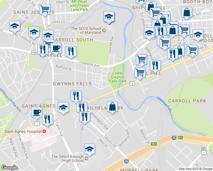 map of restaurants, bars, coffee shops, grocery stores, and more near 2800 Sunset Dr in Baltimore