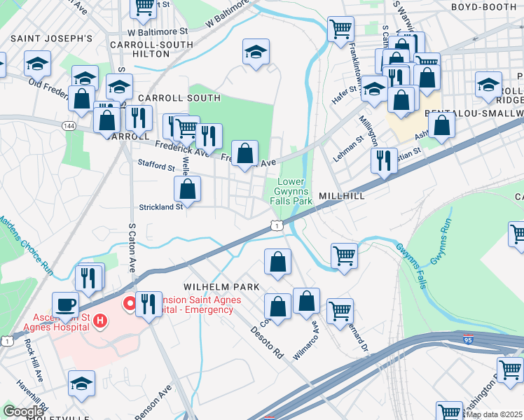 map of restaurants, bars, coffee shops, grocery stores, and more near 2802 Sunset Drive in Baltimore