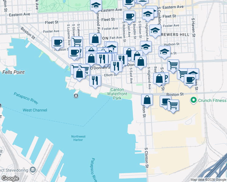 map of restaurants, bars, coffee shops, grocery stores, and more near 2999 Boston St in Baltimore