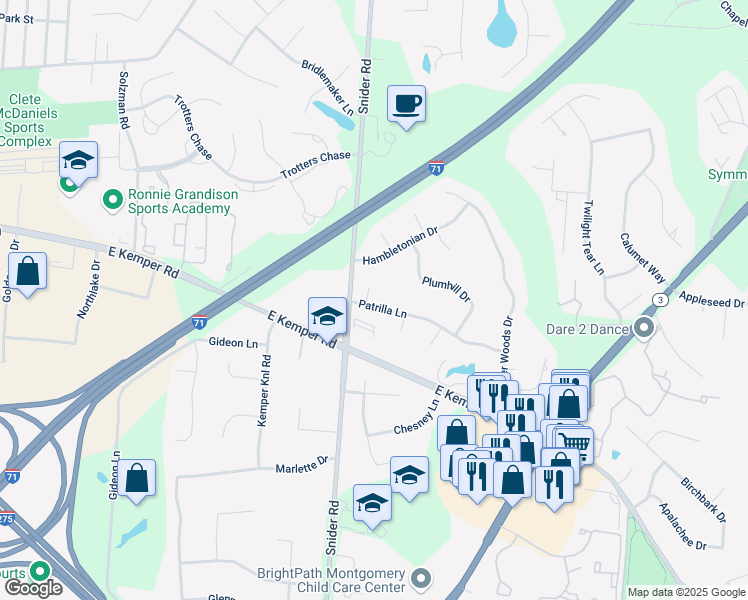 map of restaurants, bars, coffee shops, grocery stores, and more near 8316 Patrilla Lane in Cincinnati