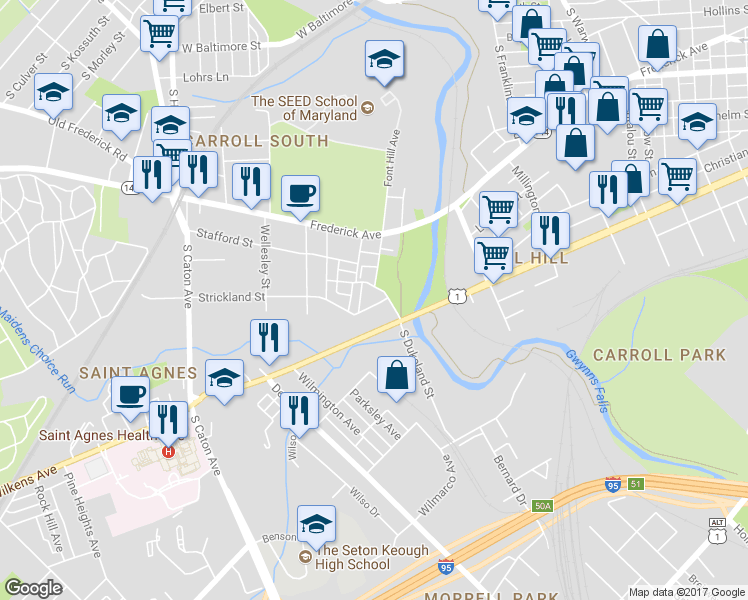 map of restaurants, bars, coffee shops, grocery stores, and more near 2802 Sunset Drive in Baltimore