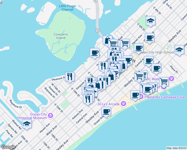 map of restaurants, bars, coffee shops, grocery stores, and more near in Ocean City