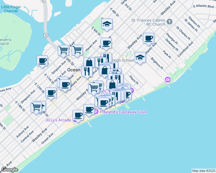 map of restaurants, bars, coffee shops, grocery stores, and more near 715 Moorlyn Terrace in Ocean City