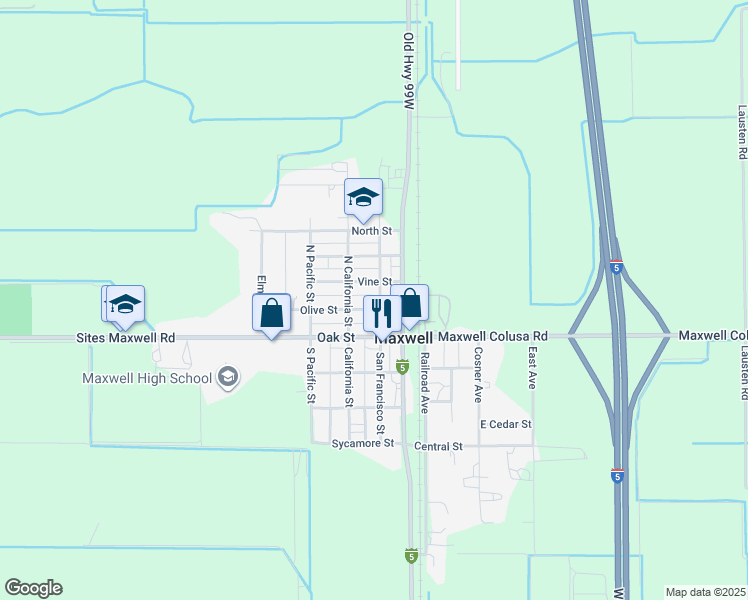 map of restaurants, bars, coffee shops, grocery stores, and more near 112 San Francisco Street in Maxwell