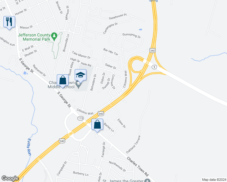 map of restaurants, bars, coffee shops, grocery stores, and more near 21 Holmes Drive in Charles Town