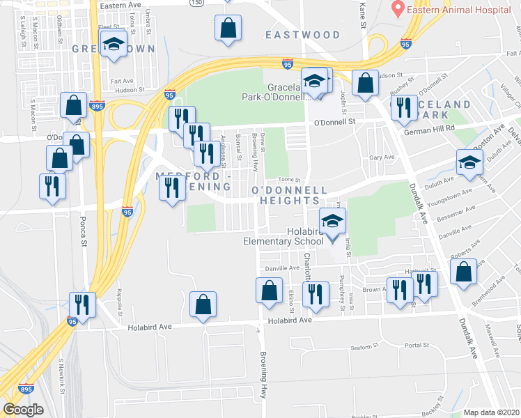map of restaurants, bars, coffee shops, grocery stores, and more near 1415 Broening Highway in Baltimore