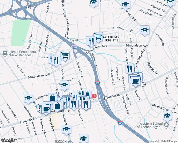 map of restaurants, bars, coffee shops, grocery stores, and more near 113 Forest Avenue in Catonsville
