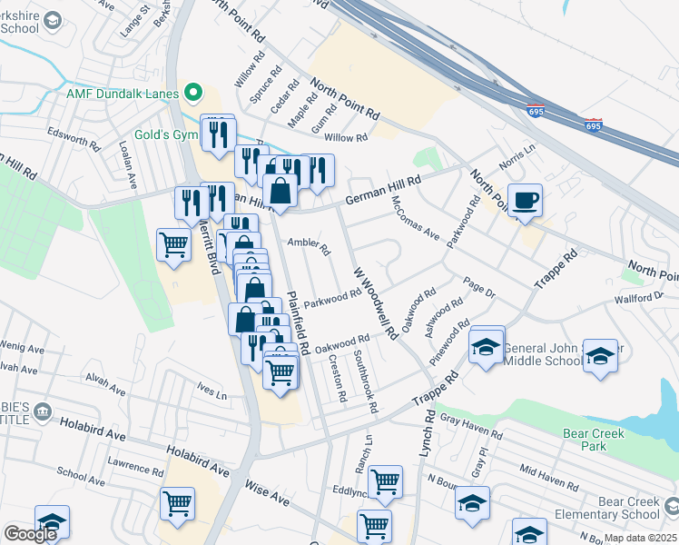 map of restaurants, bars, coffee shops, grocery stores, and more near 2619 Ambler Road in Dundalk